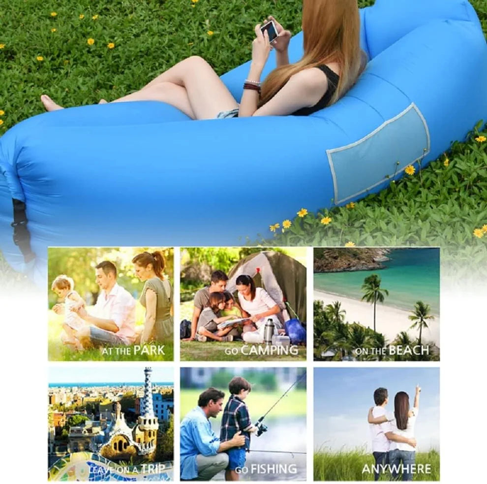 Persona usando sofá inflable en la playa