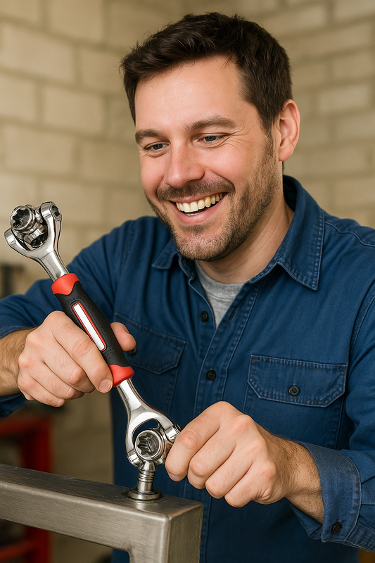 Hombre utilizando llave universal multifuncional en una reparación.
