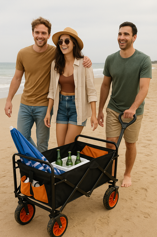 Carro multiusos plegable con ruedas grandes para playa con bebidas y sombrilla